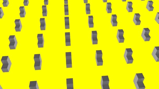 Animation of multiple rows of 3d grey geometric elements spinning and rotating simultaneously on yellow background. Elements moving in formation. 3d digital design composite video animation. - Video