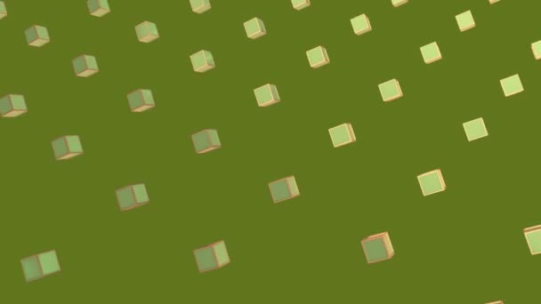 Animace více řad 3d zelených a žlutých kovových kostek rotujících současně na zeleném pozadí. Prvky se pohybují ve formaci. 3D digitální design kompozitní video animace. - Záběry, video