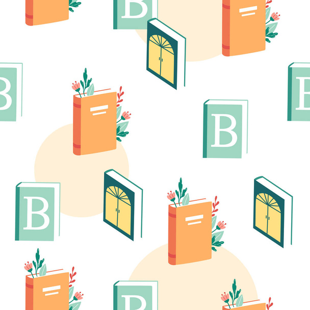 Books seamless pattern on white background. Flowers and leaves between the pages of a book. World book day. Backround for bookstore, book event, print, card, magazine, article, poster, design. - Vector, Image