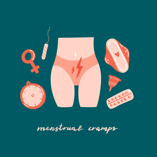Díszítő menstruációs elemek, női csípő, betűk elszigetelt színes háttér. Lapos rajzfilm vektor illusztráció. Nő bugyiban. Menstruációs görcsök, dysmenorrhoea, menstruációs ciklus. - Vektor, kép