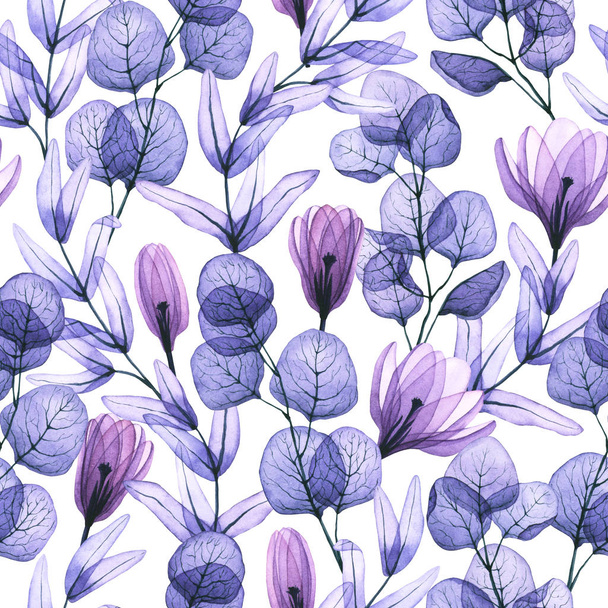 Naadloos patroon met aquareltransparante bladeren en bloemen. Handgetekende illustratie geïsoleerd op wit. X-ray planten is perfect voor wenskaart, behang, textiel, verpakking ontwerp - Foto, afbeelding