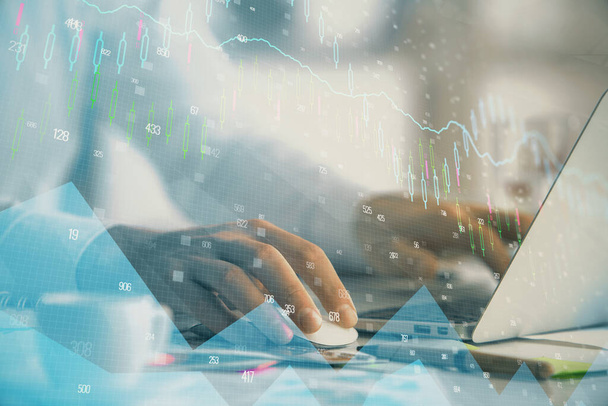 Double exposure of forex graph with man working on computer on background. Concept of market analysis. - Фото, зображення