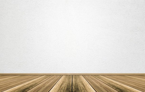 Пустой интерьер комнаты с белой текстурой цементной стены и коричневым деревянным узором пола. Концепция интерьера винтажного стиля - Фото, изображение
