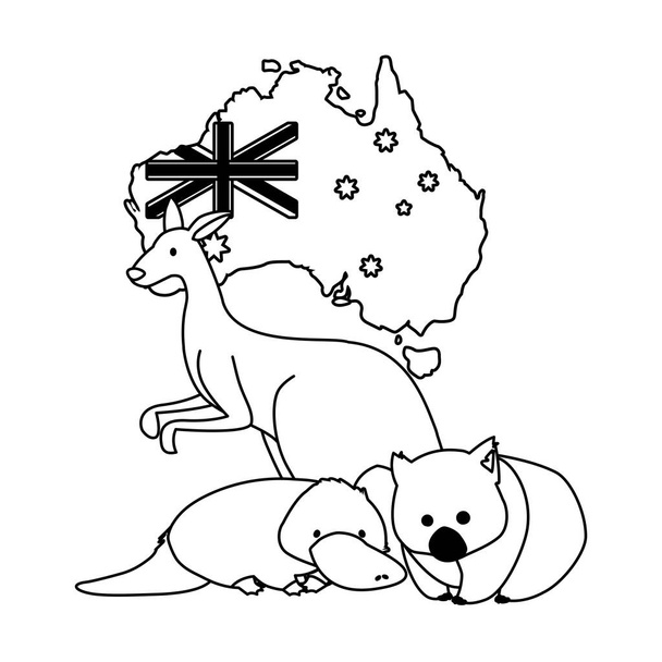 животные Австралии с картой Австралии на заднем плане
 - Вектор,изображение