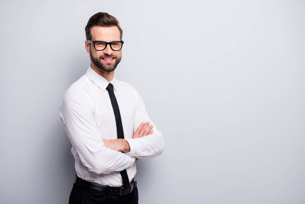 Photo of attractive business man bossy crossed arms friendly smile meet colleagues corporate seminar wear specs white office shirt black pants tie isolated grey color background - Foto, Imagen