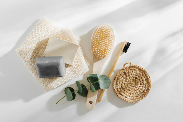 Eco natural bathroom accessories, natural cosmetics products and tools. Zero waste concept. Plastic free. Flat lay, top view  - Valokuva, kuva
