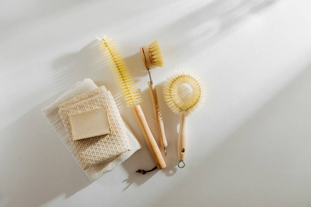 Natural dish brush and cleaning tools with Soap. Zero waste concept. Plastic free. Flat lay, top view - Photo, Image