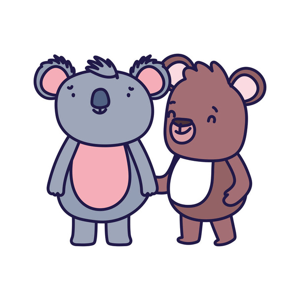 little teddy bear and koala cartoon character on white background - Vector, afbeelding