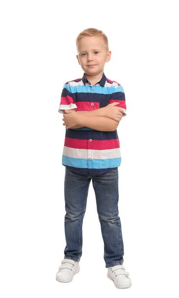 Full length portrait of cute little boy on white background - Photo, image