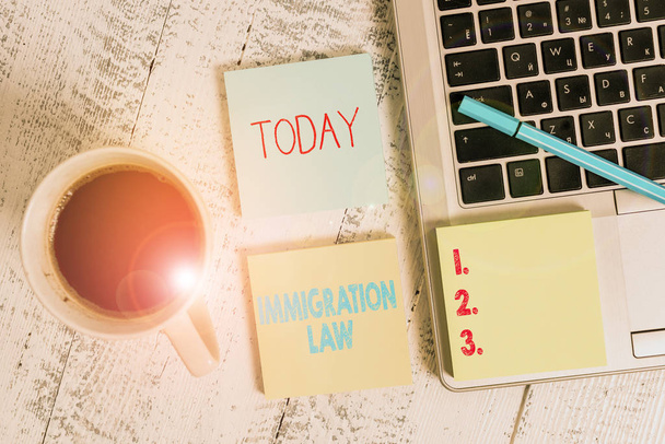 Word writing text Immigration Law. Business photo showcasing national statutes and legal precedents governing immigration Metallic laptop three sticky note pads pen coffee cup lying vintage table - Fotoğraf, Görsel