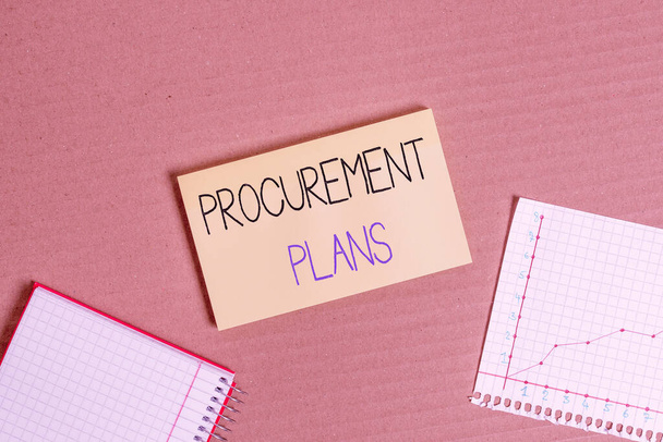 Writing note showing Procurement Plans. Business photo showcasing determining the timeframes for their procurement Cardboard notebook office study supplies chart paper. - Photo, Image