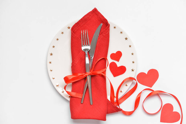 Beautiful table setting for Valentine's Day on white background - Photo, Image