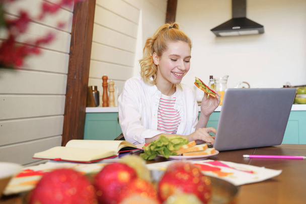 Charming young woman using her new laptop - Zdjęcie, obraz