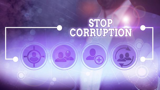 Tekst do pisania słów Stop korupcji. Biznesowa prezentacja zdjęć Zakończ nadużywanie powierzonej władzy dla prywatnego zysku - Zdjęcie, obraz
