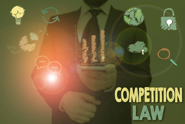 Znak tekstowy pokazujący prawo konkurencji. Prezentacja zdjęć biznesowych regulujących monopol i nieuczciwe praktyki biznesowe - Zdjęcie, obraz
