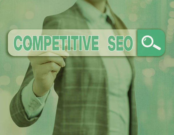 Text sign showing Competitive Seo. Conceptual photo the process of evaluating how the top rankings fare. - Photo, Image