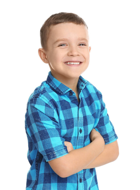 Portrait of cute little boy on white background - Fotoğraf, Görsel