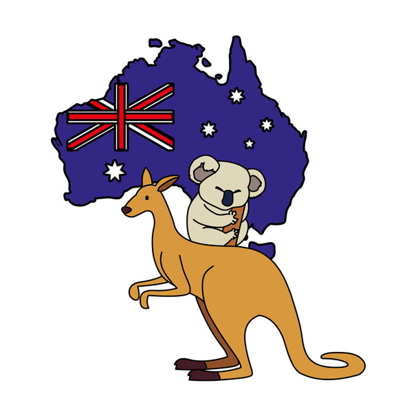 καγκουρό και κοάλα με χάρτη της Αυστραλίας στο παρασκήνιο - Διάνυσμα, εικόνα