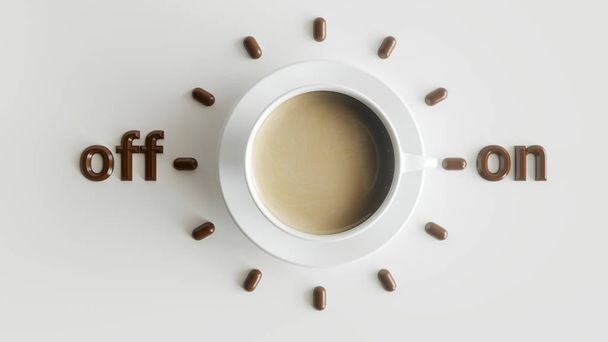 時計の顔をしたコーヒーカップ-朝の疲れのための概念- 3Dレンダリング - 写真・画像