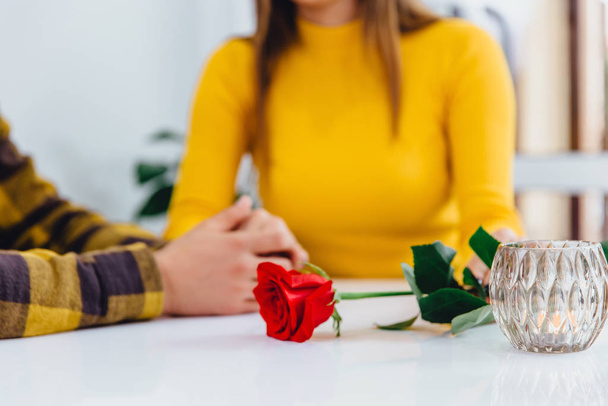 Cropped blurred shot of young man gives flowers to his girlfriend, holds her hands and definitely is going to make a proposal. - Fotografie, Obrázek