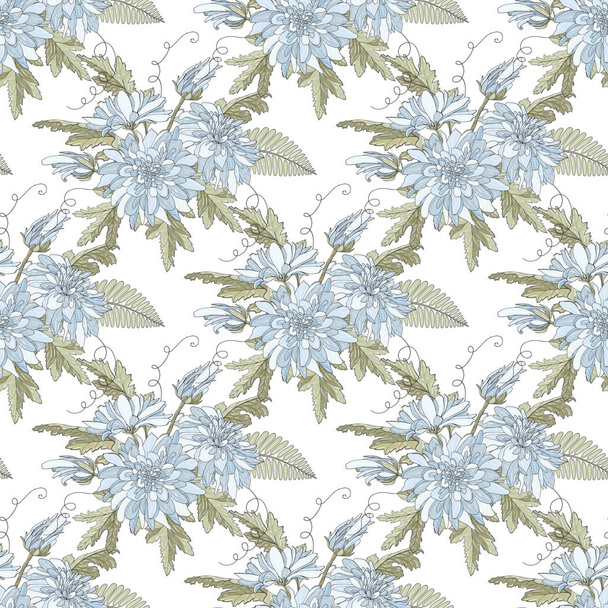 Seamless pattern with white chrysanthemums and leaves. Endless texture for design. - Vetor, Imagem
