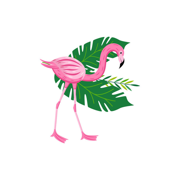Tropical pink flamingo with exotic foliage cartoon vector illustration isolated. - Διάνυσμα, εικόνα