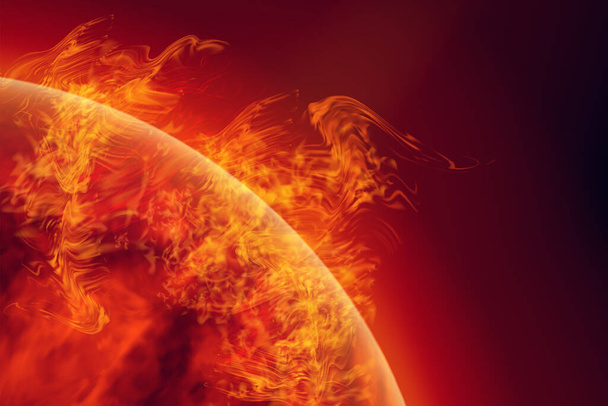 Wetenschappelijke achtergrond - zonneactiviteit in de ruimte. Zonneoppervlak met zonnevlammen, verbranding van de zon. Het broeikaseffect. Vector. - Vector, afbeelding