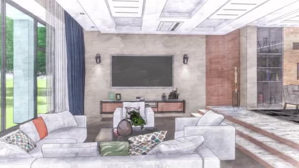 Desenhado sala de estar interior ilustração 3d
 - Filmagem, Vídeo