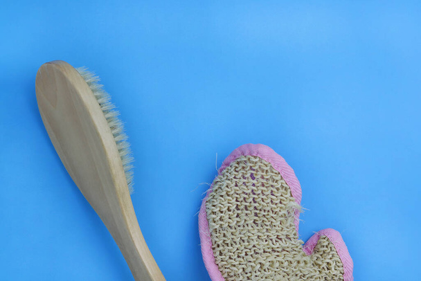 Anti-cellulite, wooden brush and glove with a hard surface for d - Photo, Image