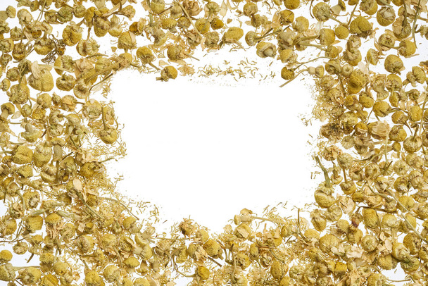 Dry flowers of a pharmaceutical chamomile are scattered on a white background - Fotoğraf, Görsel