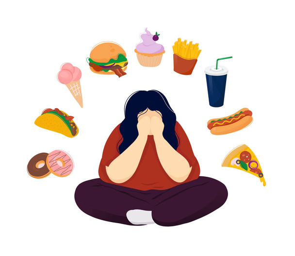 Tlustá depresivní žena obklopená fast food produkty - Vektor, obrázek