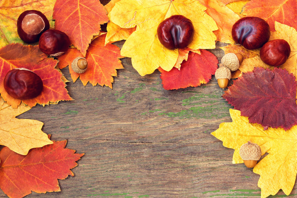 Bright colorful autumnal leaves and chestnuts on a wooden texture - Фото, зображення