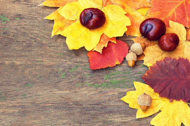 Colorful autumnal leaves and chestnuts on a wooden background - Fotoğraf, Görsel
