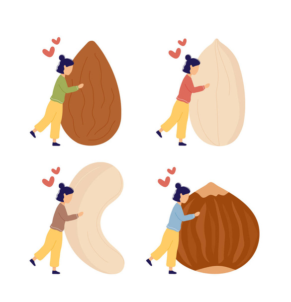 Set of illustrations with girl hugging huge nuts - Vector, Image
