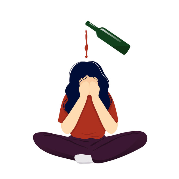 Depressed woman with wine pouring over head - Vector, Image