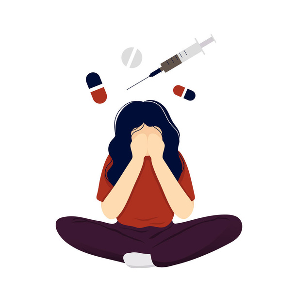 Žena v depresi se stříkačkou a pilulkami nad hlavou - Vektor, obrázek