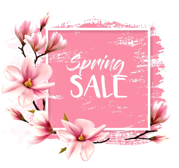 Spring sale background with pink blooming magnolia. Vector - Vecteur, image