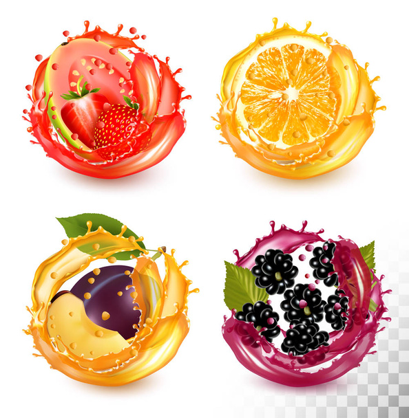 Set of fruit juice splash. Strawberry, guava, orange, plum, blac - Вектор,изображение