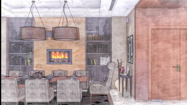 Kreslený obývací pokoj interiér 3D ilustrace - Záběry, video