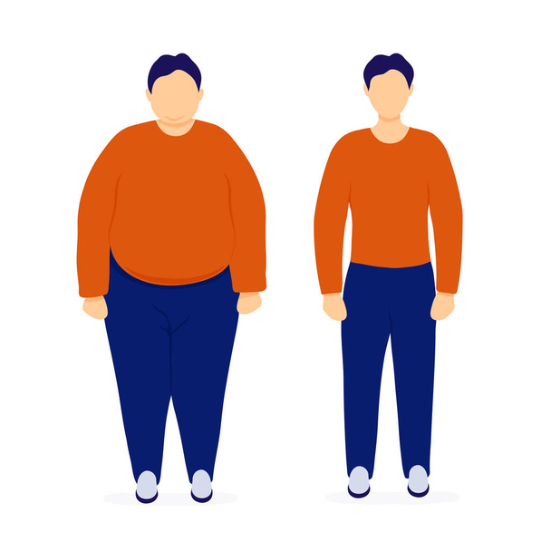 Vet en slank man voor en na gewichtsverlies - Vector, afbeelding