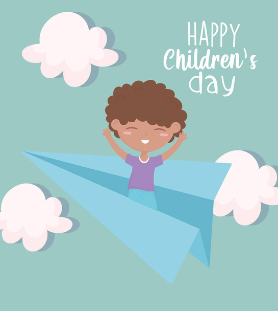 feliz dia das crianças, menino brincando no papel avião céu desenhos animados
 - Vetor, Imagem