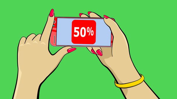 Holding a touch screen device. Cartoon animation. The hand holds a smartphone. Throws the percent icon to the side with the index finger. Clean green background to replace. 4K - Photo, Image