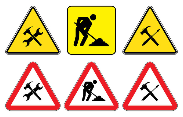Under construction sign collection.Under Construction Triangle Signs on yellow background and Under construction signs as triangle shape with red border - Vector, Image