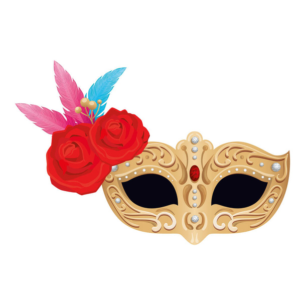 elegante máscara con plumas y rosas flores
 - Vector, Imagen