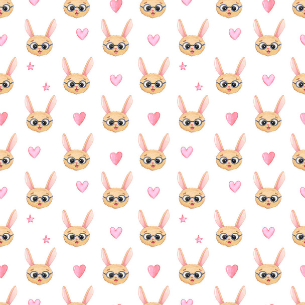 Дитячий безшовний акварельний фон з головами зайця в окулярах з рожевими серцями і зірками на білому тлі. Друк для дівчаток, день валентинки або коханців
 - Фото, зображення