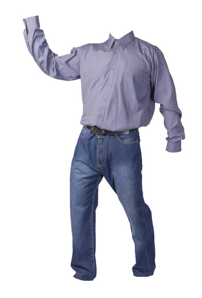 men's shirt and blue jeans isolated on white background. - 写真・画像