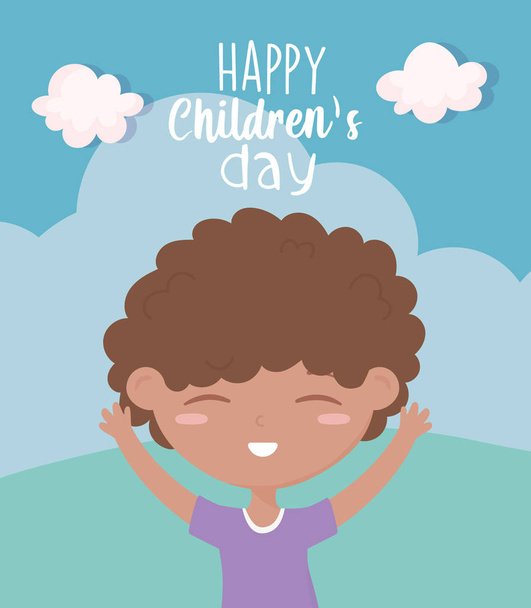 happy childrens day, cute little boy cartoon celebrating outdoors - Vector, Image
