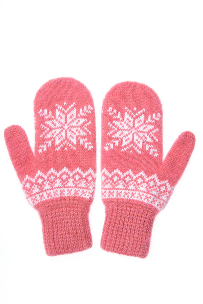Warm woolen knitted mittens isolated on white background. Pink k - Photo, Image