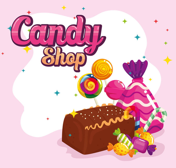poster van snoepwinkel met chocoladetaart en snoepjes - Vector, afbeelding