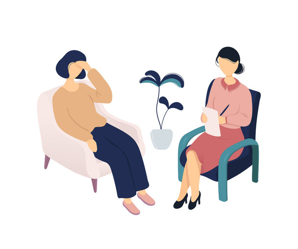 Woman talking to her psychologist taking notes - Vector, Image